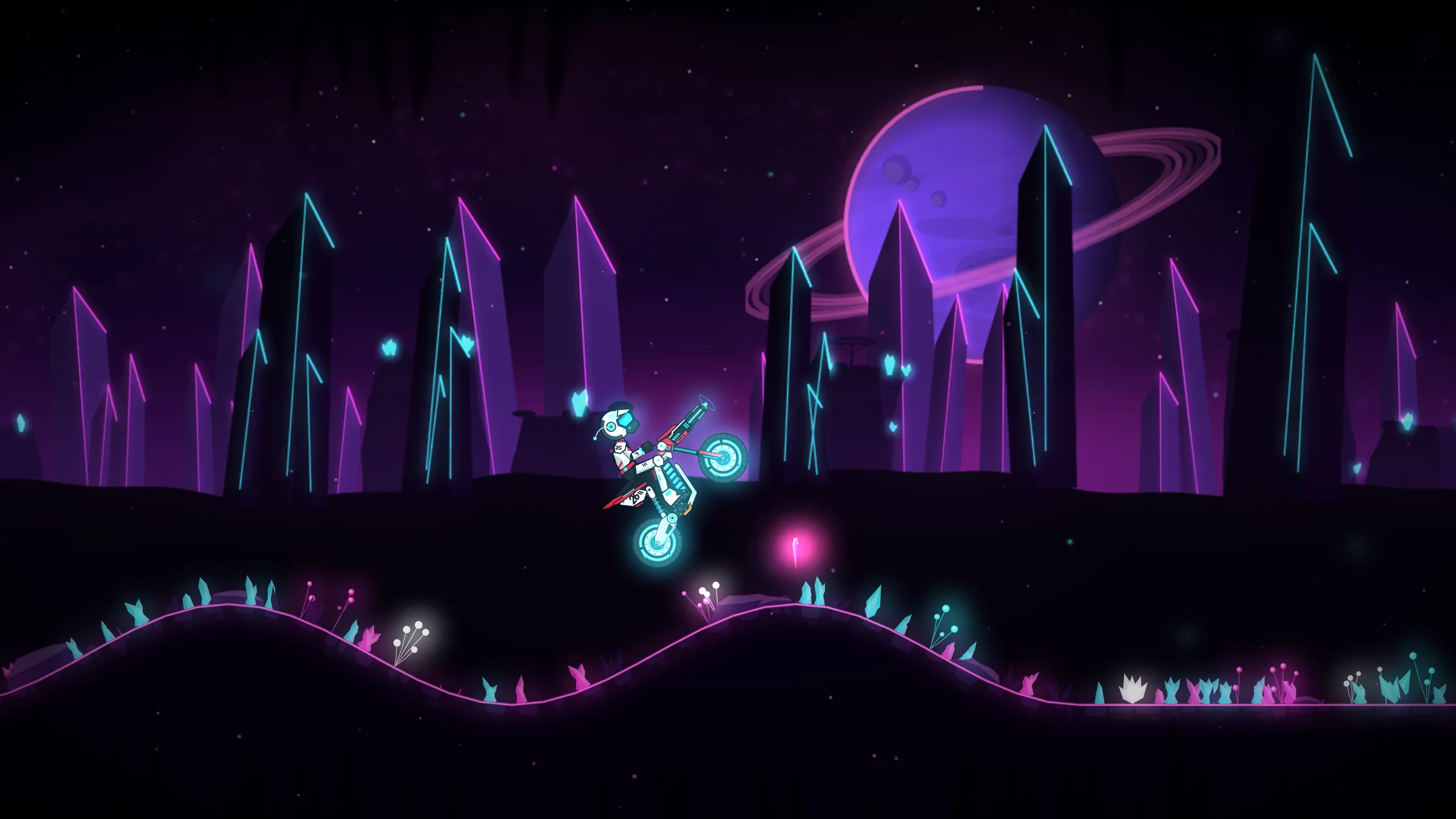 A rider in a wheelie over a glowing gem, a ringed planet over neon crystals behind.