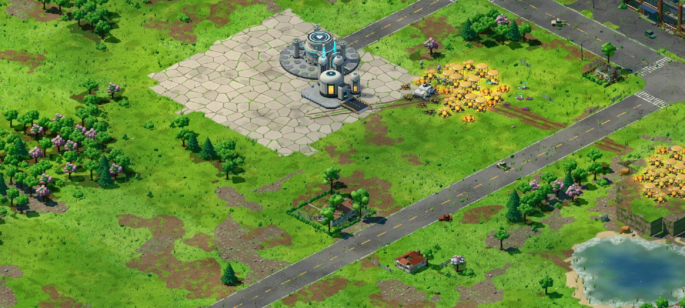 The Meadow, the game's first mission, in isometric view: a white Vanguard Fabricator Core and Refinery on an old concrete pad, a Gleaner harvesting a glowing field of golden Sunresin, Riflemen on watch, Skitterlings creeping in from the east, and a ruined mall up the road.
