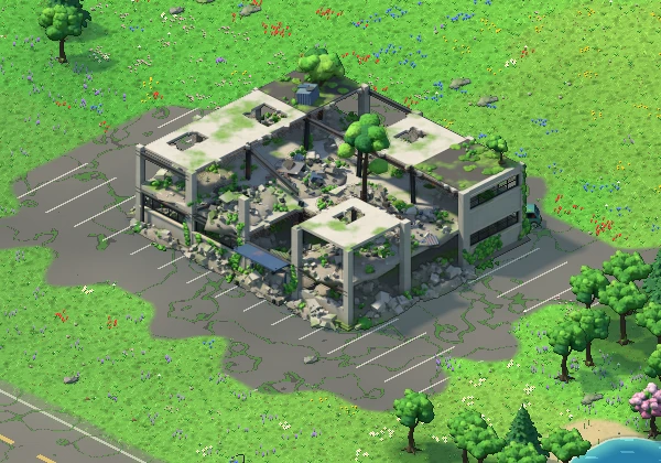 An abandoned mall with trees growing out of its roof, its parking lot cracked and green.