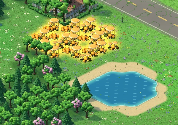 A living field of Sunresin beside a clear pond: pale caps brimming with golden resin over amber bladders, ringed by forest and pink blossom trees.