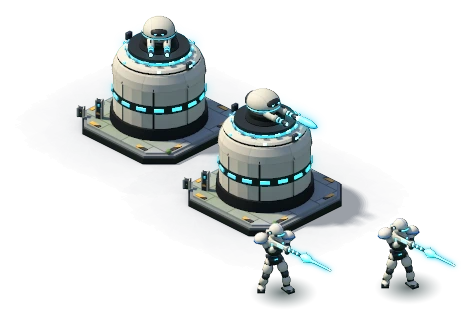 Two Pulse Turrets, one firing, with two Riflemen shooting lasers beside them.