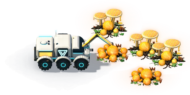 A six-wheeled Gleaner reaching into a living field of Sunresin with its arm, its tank glowing with the resin it has drawn.