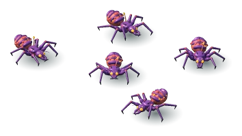 A pack of five Skitterlings: small coral and violet spider-like creatures, one with its mandibles open.